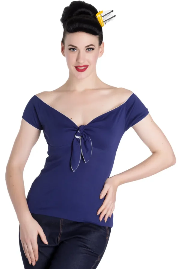 Hell Bunny Tops>Bardot Top Navy