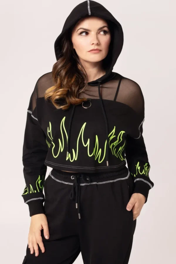 Hell Bunny Tops | Knitwear>Flames Hoodie Black/Green