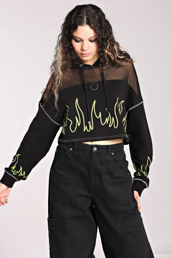 Hell Bunny Tops | Knitwear>Flames Hoodie Black/Green