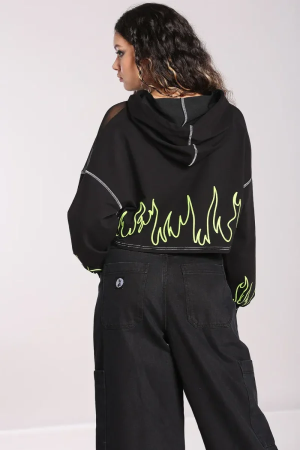 Hell Bunny Tops | Knitwear>Flames Hoodie Black/Green