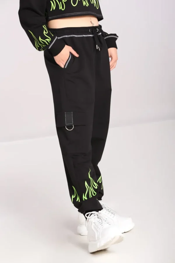 Hell Bunny Trousers & Shorts | Loungewear>Flames Joggers Black/Green