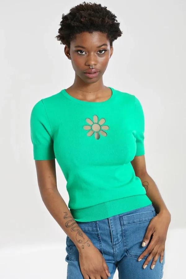 Hell Bunny Tops | Knitwear>Flower Power Top Green