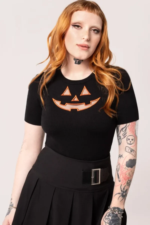 Hell Bunny Tops | Knitwear>Jack-O-Lantern Top Black/Orange