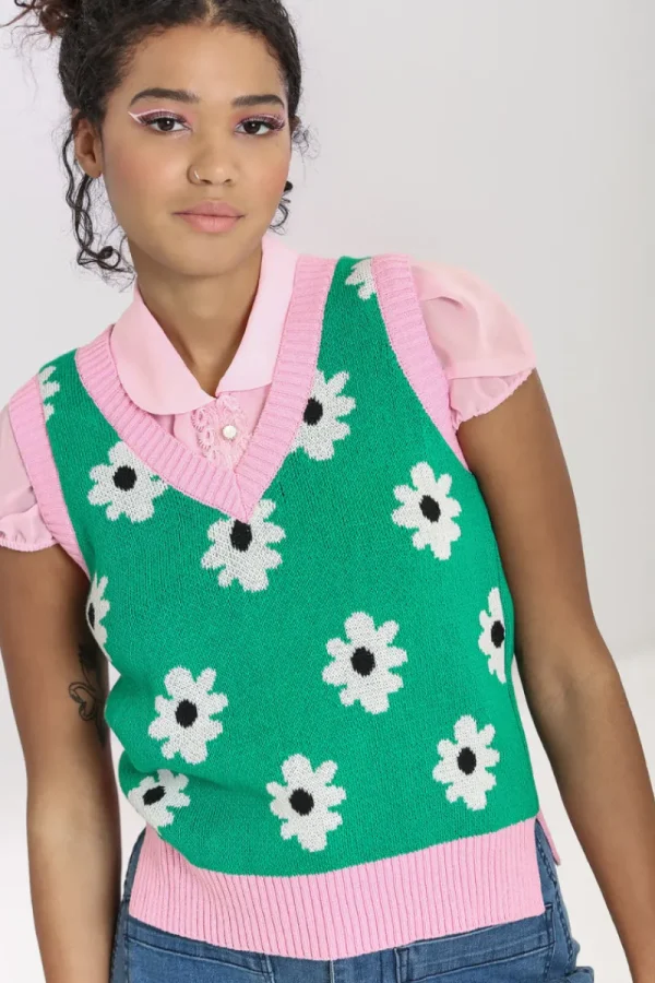 Hell Bunny Tops | Knitwear>Kitsch Daisy Vest Green