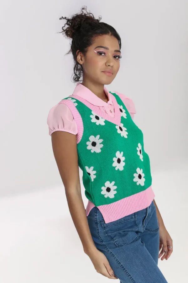 Hell Bunny Tops | Knitwear>Kitsch Daisy Vest Green