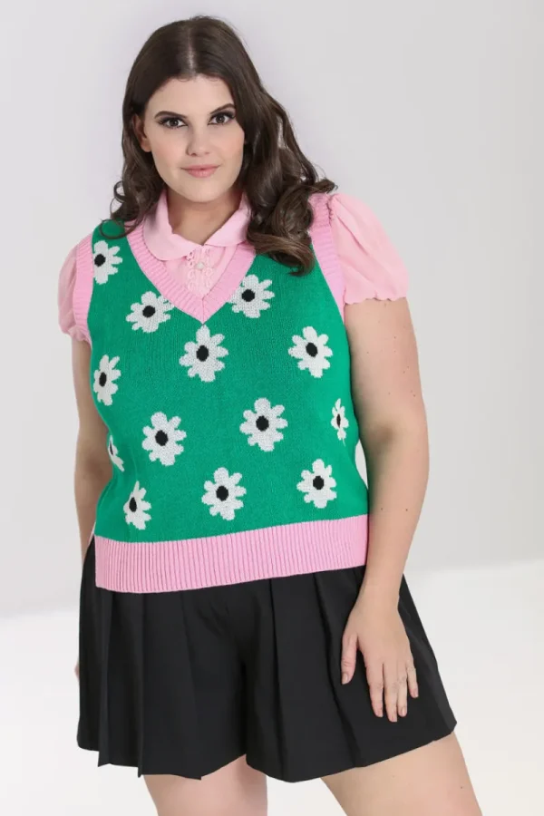 Hell Bunny Tops | Knitwear>Kitsch Daisy Vest Green