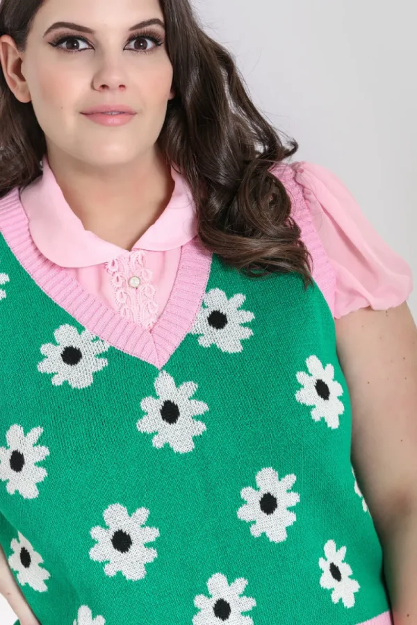 Hell Bunny Tops | Knitwear>Kitsch Daisy Vest Green