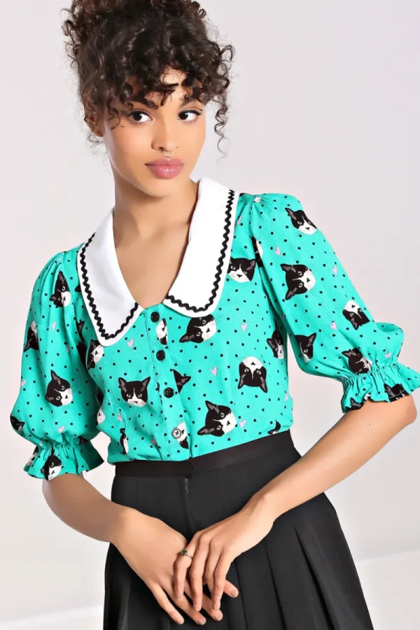 Hell Bunny Blouses | Tops>Love Cats Blouse Green