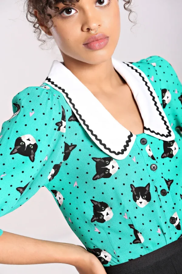 Hell Bunny Blouses | Tops>Love Cats Blouse Green