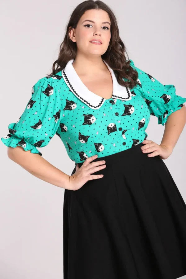 Hell Bunny Blouses | Tops>Love Cats Blouse Green