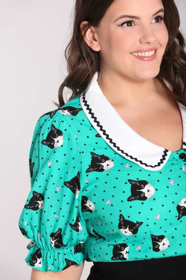 Hell Bunny Blouses | Tops>Love Cats Blouse Green