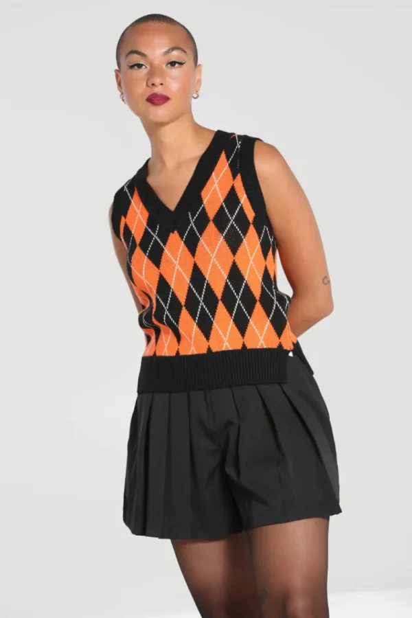 Hell Bunny Tops | Knitwear>Rhombus Vest -Orange Black