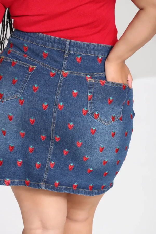 Hell Bunny Skirts | Denim>Strawberry Denim Mini Skirt Blue