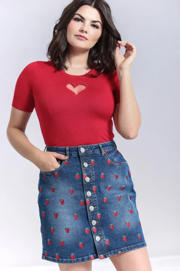 Hell Bunny Skirts | Denim>Strawberry Denim Mini Skirt Blue