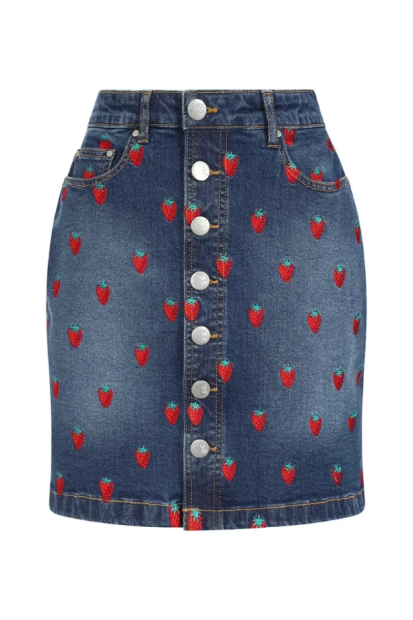 Hell Bunny Skirts | Denim>Strawberry Denim Mini Skirt Blue