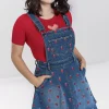 Hell Bunny Dresses | Dresses With Pockets>Strawberry Denim Pinafore Dress Blue