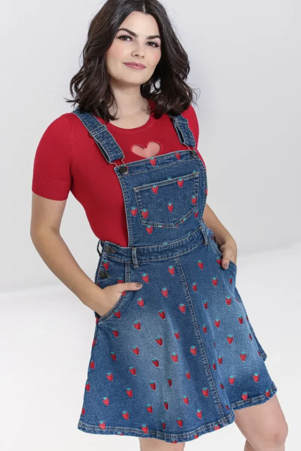 Hell Bunny Dresses | Dresses With Pockets>Strawberry Denim Pinafore Dress Blue