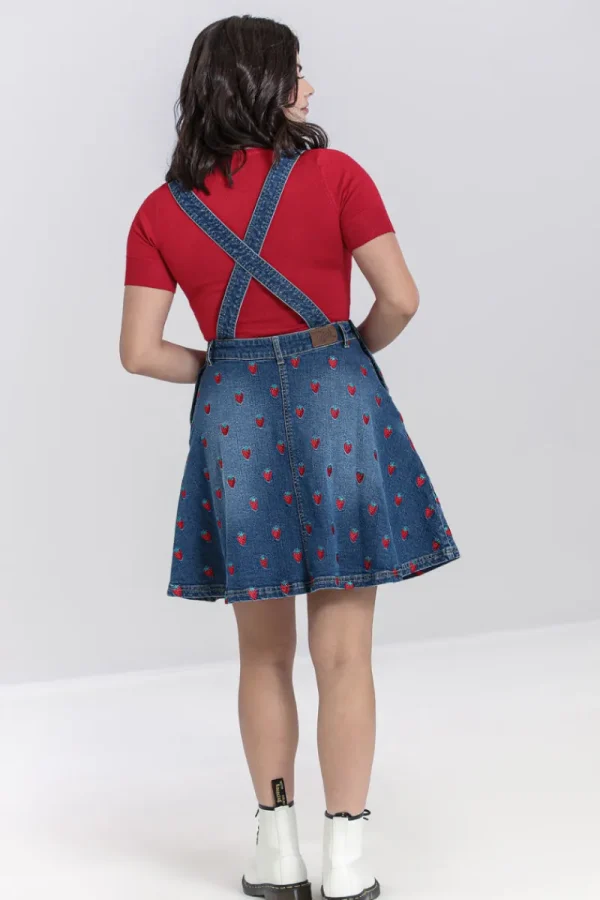 Hell Bunny Dresses | Dresses With Pockets>Strawberry Denim Pinafore Dress Blue