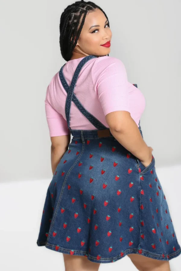 Hell Bunny Dresses | Dresses With Pockets>Strawberry Denim Pinafore Dress Blue