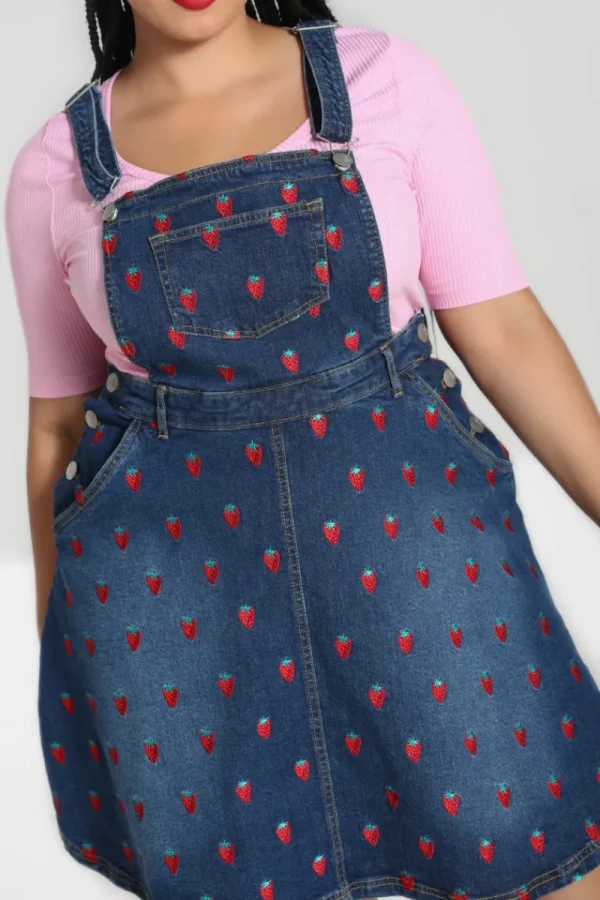 Hell Bunny Dresses | Dresses With Pockets>Strawberry Denim Pinafore Dress Blue