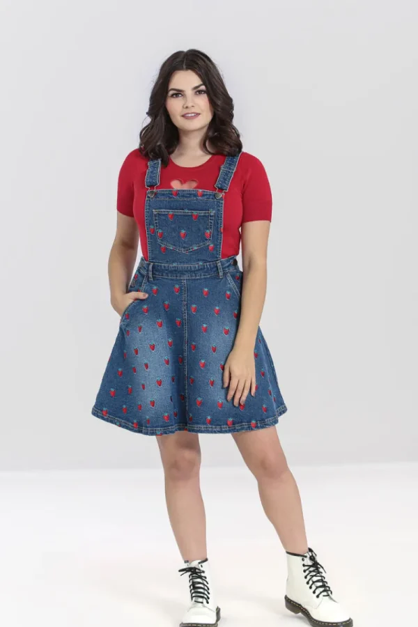 Hell Bunny Dresses | Dresses With Pockets>Strawberry Denim Pinafore Dress Blue