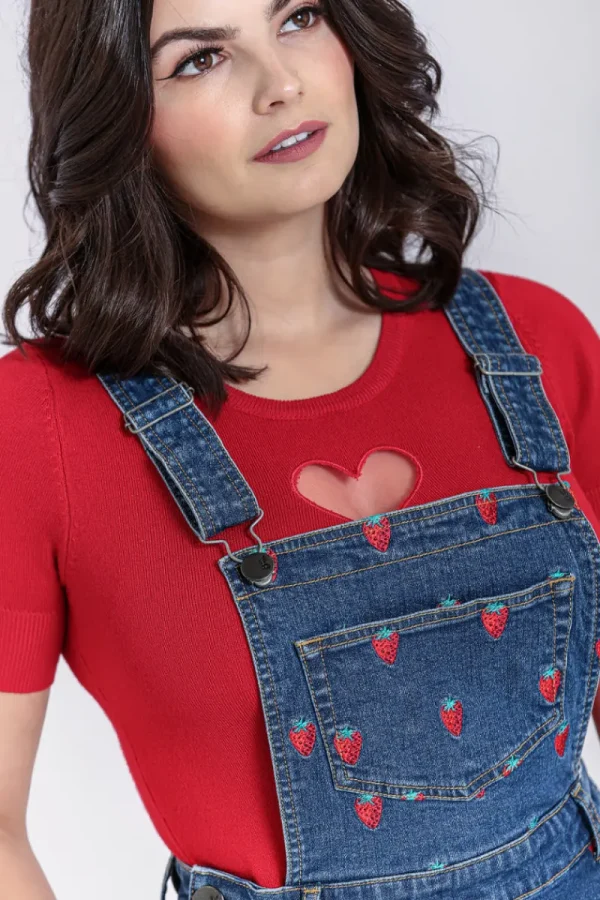 Hell Bunny Dresses | Dresses With Pockets>Strawberry Denim Pinafore Dress Blue