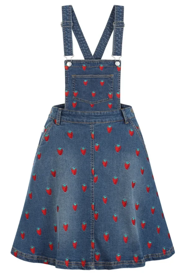 Hell Bunny Dresses | Dresses With Pockets>Strawberry Denim Pinafore Dress Blue