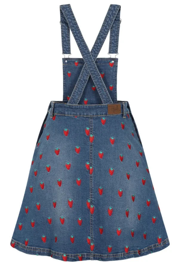 Hell Bunny Dresses | Dresses With Pockets>Strawberry Denim Pinafore Dress Blue