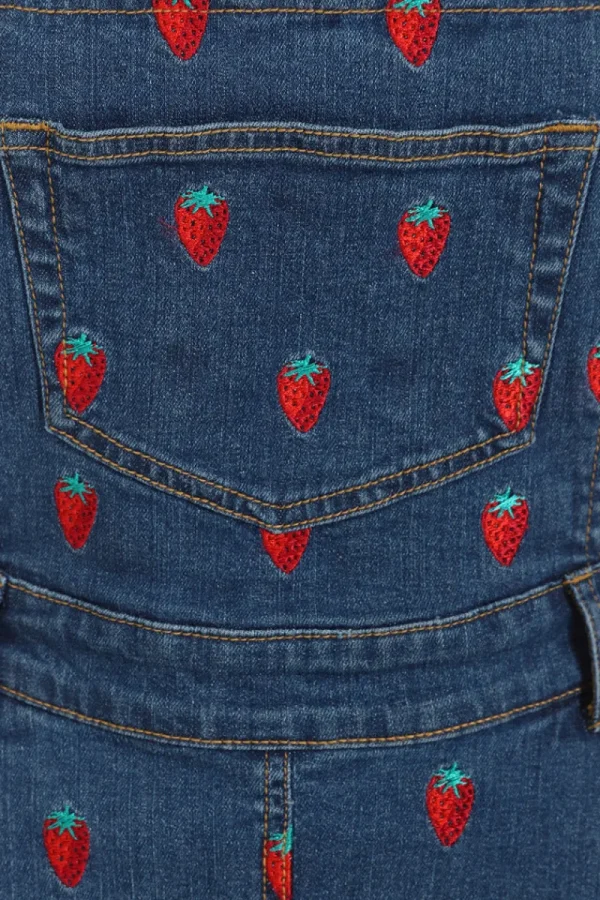 Hell Bunny Dresses | Dresses With Pockets>Strawberry Denim Pinafore Dress Blue