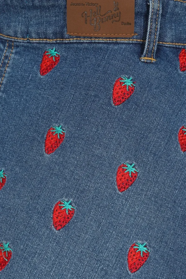 Hell Bunny Dresses | Dresses With Pockets>Strawberry Denim Pinafore Dress Blue