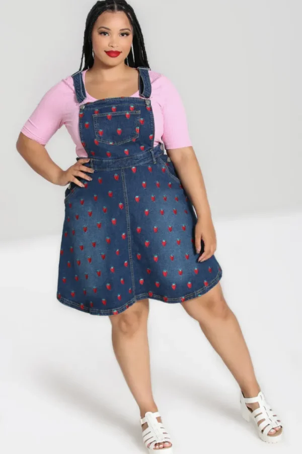 Hell Bunny Dresses | Dresses With Pockets>Strawberry Denim Pinafore Dress Blue