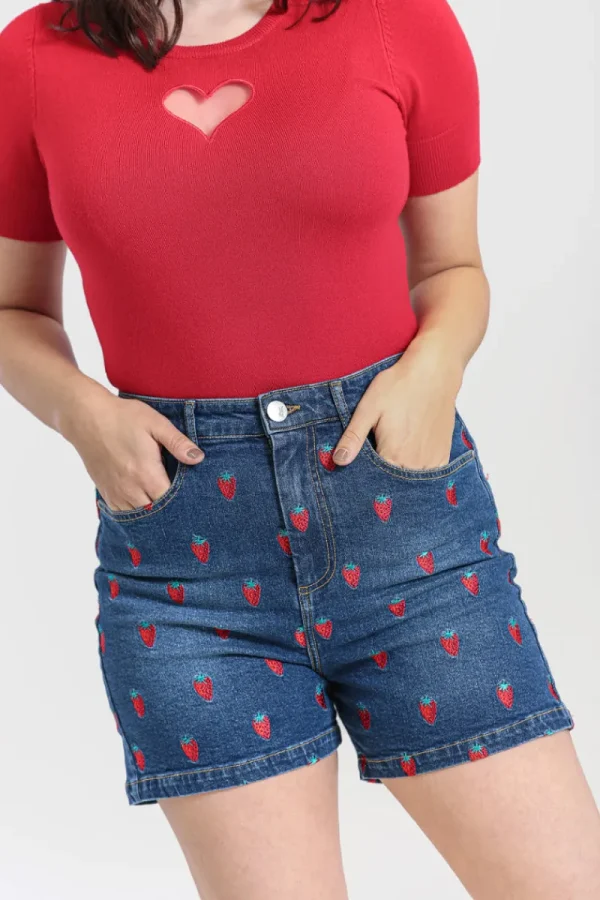 Hell Bunny Trousers & Shorts | Trousers & Shorts>Strawberry Denim Shorts Blue