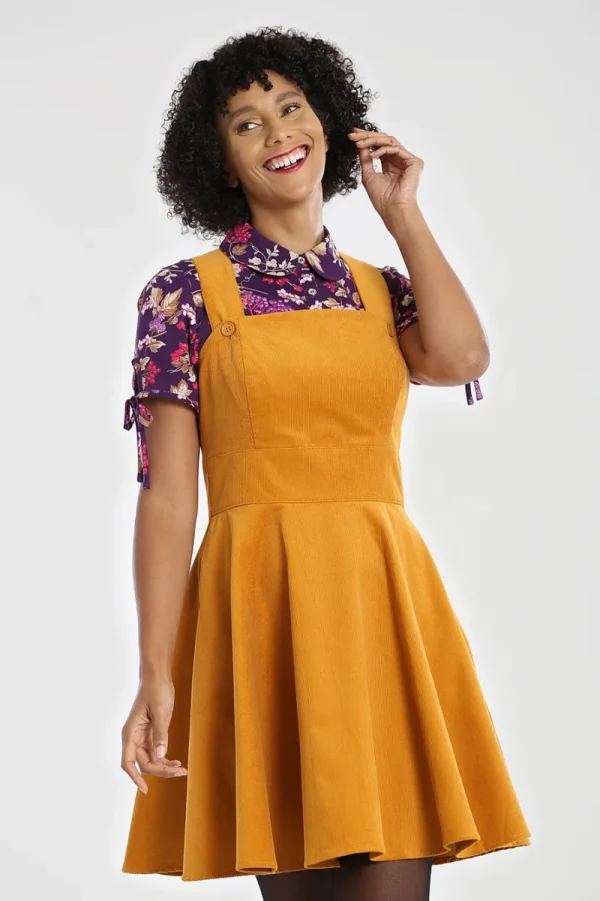 Hell Bunny Dresses>Wonder Years Pinafore Dress Mustard