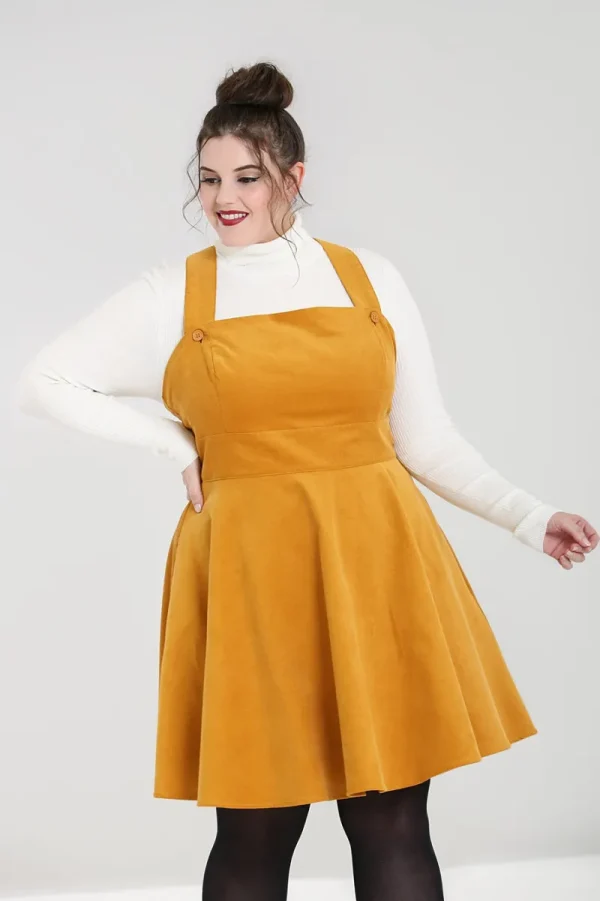 Hell Bunny Dresses>Wonder Years Pinafore Dress Mustard